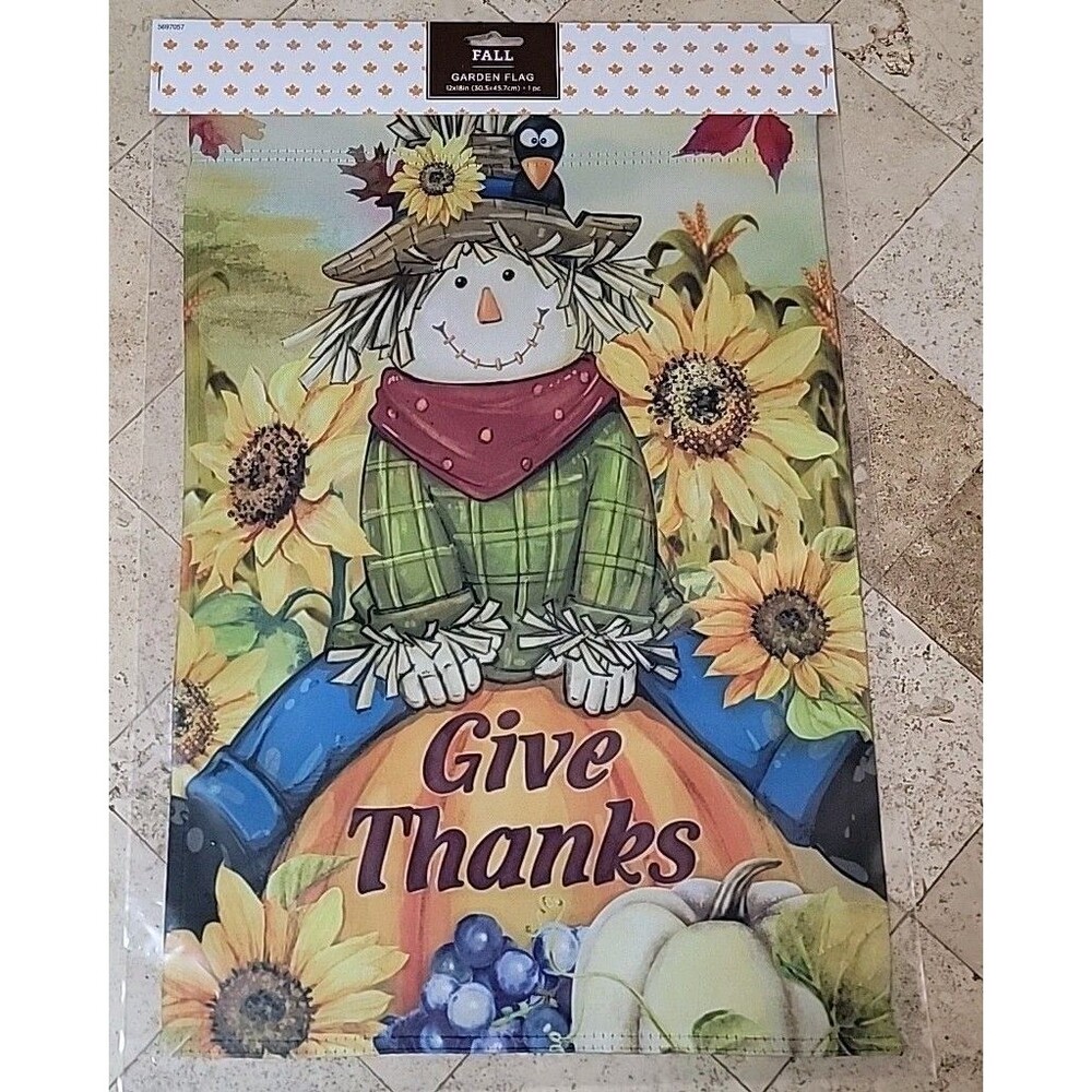 Give Thanks Garden Flag Scarecrow Sunflowers Pumpkins Fall Thanksgiving YardFlag